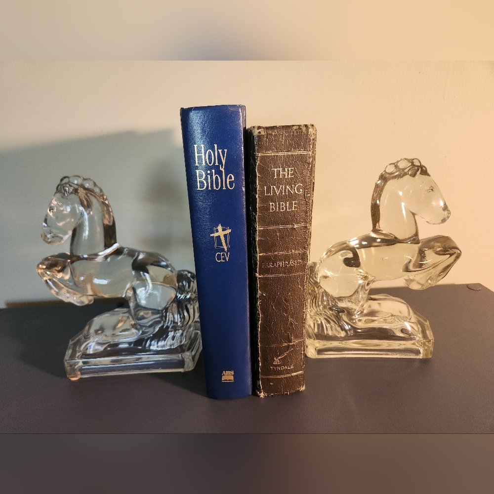 Vintage Clear Art Glass Rearing Horse Stallion Bookends MCM Decor